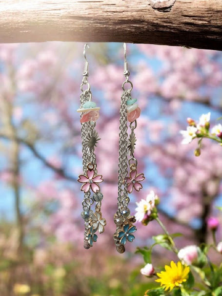 "She's So Sweet" Sakura Blossom Charm and Chain Strawberry Quartz, Amazonite, Coral, and Wire Wrapped Fossil Agate Dangle Earrings
