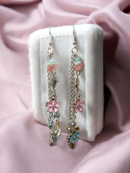 "She's So Sweet" Sakura Blossom Charm and Chain Strawberry Quartz, Amazonite, Coral, and Wire Wrapped Fossil Agate Dangle Earrings