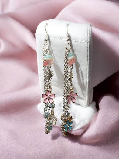 "She's So Sweet" Sakura Blossom Charm and Chain Strawberry Quartz, Amazonite, Coral, and Wire Wrapped Fossil Agate Dangle Earrings