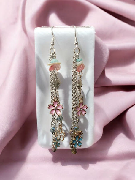 "She's So Sweet" Sakura Blossom Charm and Chain Strawberry Quartz, Amazonite, Coral, and Wire Wrapped Fossil Agate Dangle Earrings