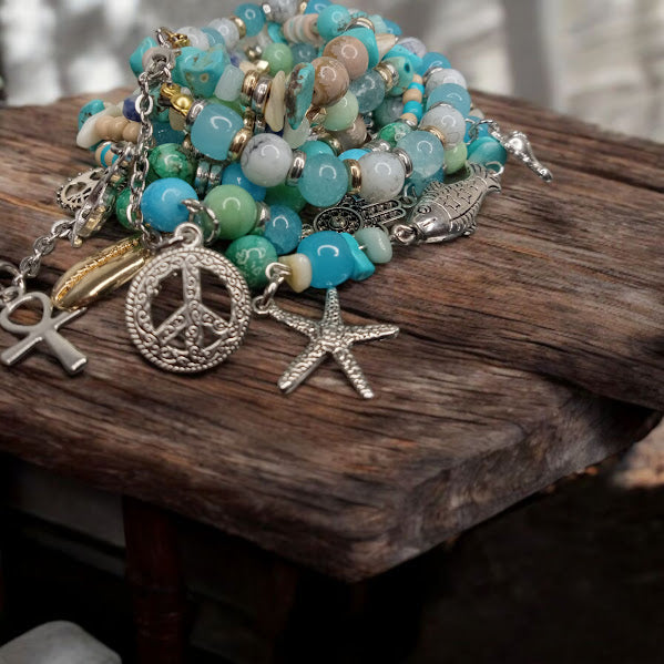 Bohemian Mixed Metal White Coral, Amazonite, Turquoise. and Blue Sodalite Bracelet Stack