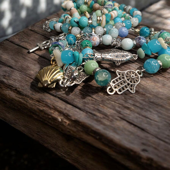 Bohemian Mixed Metal White Coral, Amazonite, Turquoise. and Blue Sodalite Bracelet Stack