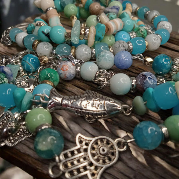Bohemian Mixed Metal White Coral, Amazonite, Turquoise. and Blue Sodalite Bracelet Stack