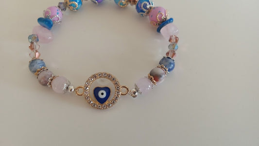 Pink and Blue Stackable Evil Eye Charm Bracelet With Round Heart
