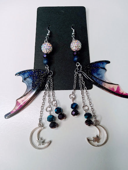 Blue and Magenta Bat Wing Earrings