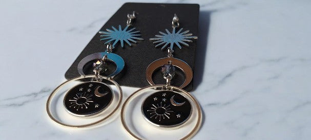 Sun Burst and Moon Celestial Earrings With Celestial Coin Medallion