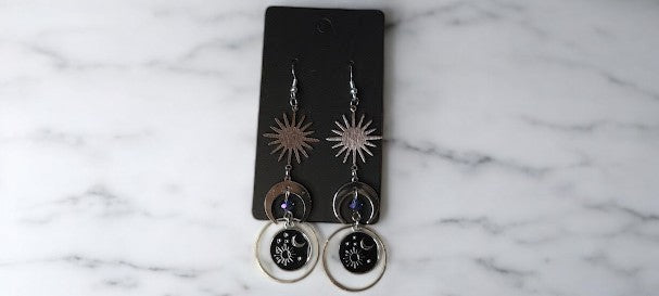 Sun Burst and Moon Celestial Earrings With Celestial Coin Medallion