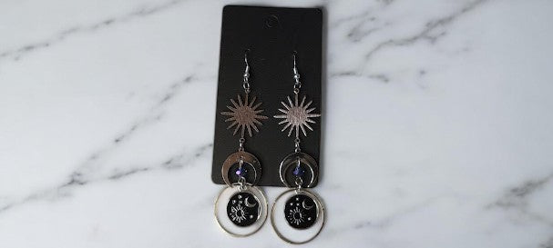 Sun Burst and Moon Celestial Earrings With Celestial Coin Medallion