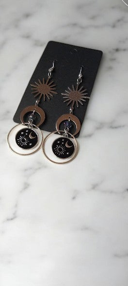 Sun Burst and Moon Celestial Earrings With Celestial Coin Medallion