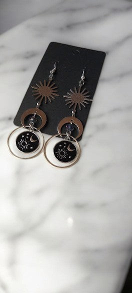 Sun Burst and Moon Celestial Earrings With Celestial Coin Medallion