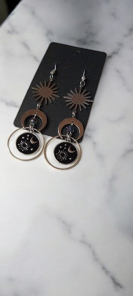 Sun Burst and Moon Celestial Earrings With Celestial Coin Medallion