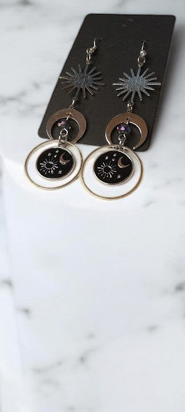 Sun Burst and Moon Celestial Earrings With Celestial Coin Medallion