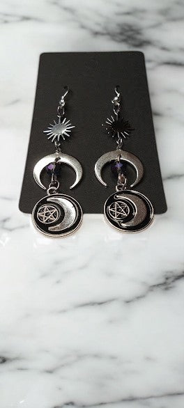 Witchy Sun Burst Moon Dangle with Pentacle and Moon Medallion Charms