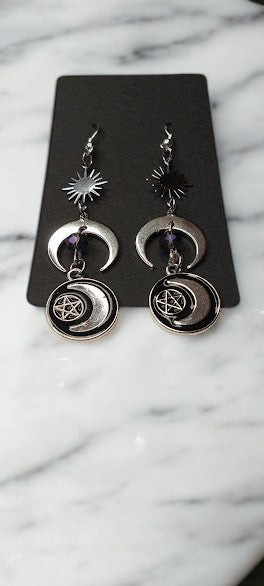 Witchy Sun Burst Moon Dangle with Pentacle and Moon Medallion Charms