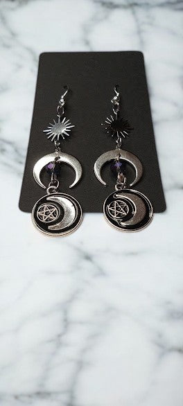 Witchy Sun Burst Moon Dangle with Pentacle and Moon Medallion Charms