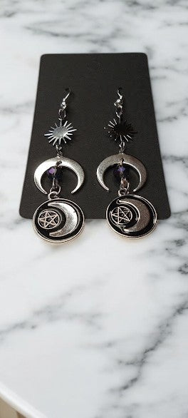 Witchy Sun Burst Moon Dangle with Pentacle and Moon Medallion Charms