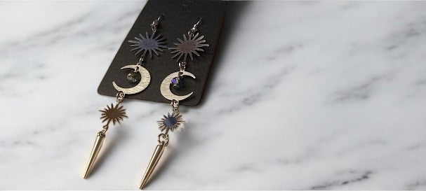 Celestial Sunburst and Moon Spiked Earrings