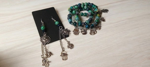 Teal Blue and Green Bohemian Irregular Earrings with Matching Bracelet Stack