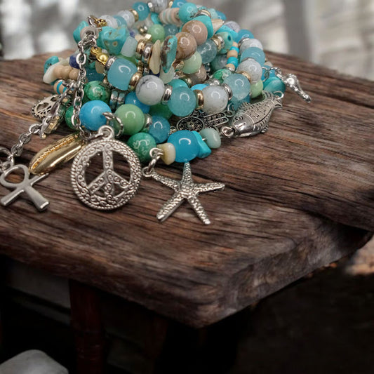 Bohemian Mixed Metal White Coral, Amazonite, Turquoise. and Blue Sodalite Bracelet Stack