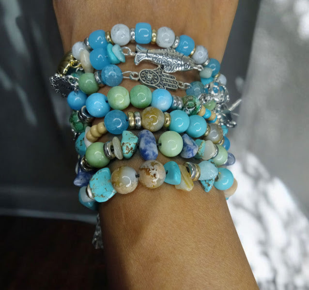 Bohemian Mixed Metal White Coral, Amazonite, Turquoise. and Blue Sodalite Bracelet Stack