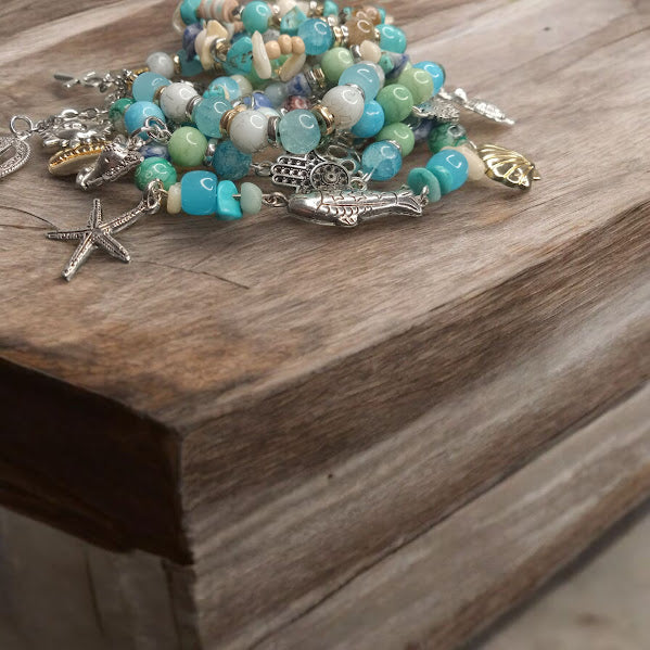 Bohemian Mixed Metal White Coral, Amazonite, Turquoise. and Blue Sodalite Bracelet Stack