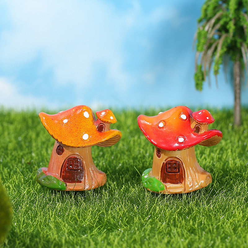 Cottage Core Red and Yellow Creative Mushroom House Resin Crafts Moss Micro Landscape Decorations