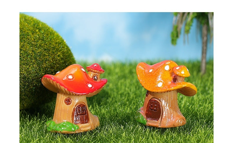 Cottage Core Red and Yellow Creative Mushroom House Resin Crafts Moss Micro Landscape Decorations