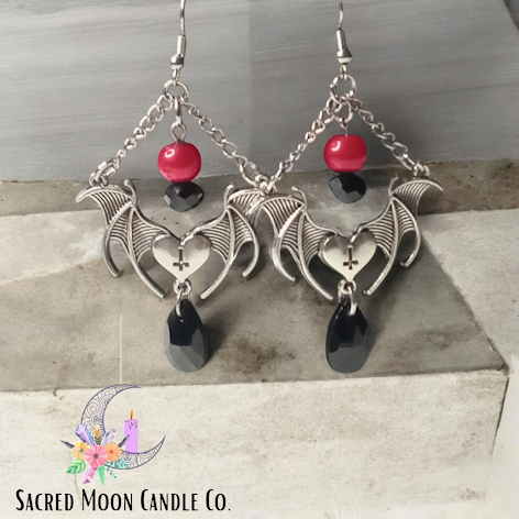 Red and BlackWinged Heart Earrings