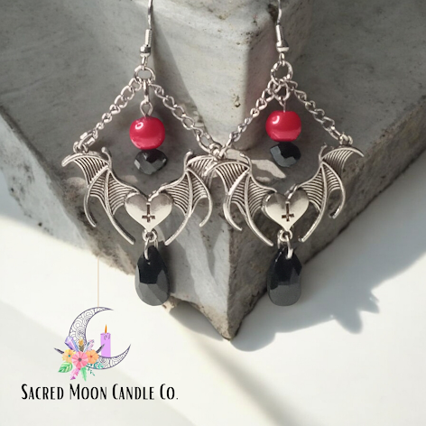 Red and BlackWinged Heart Earrings