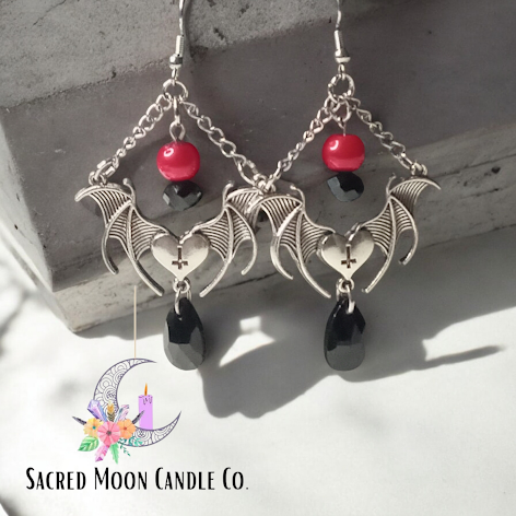 Red and BlackWinged Heart Earrings