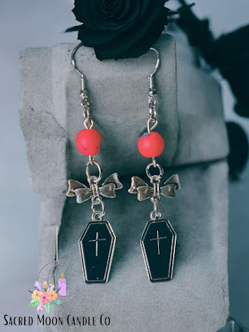 Death is a Gift Coffin and Bow Dangle Earrings