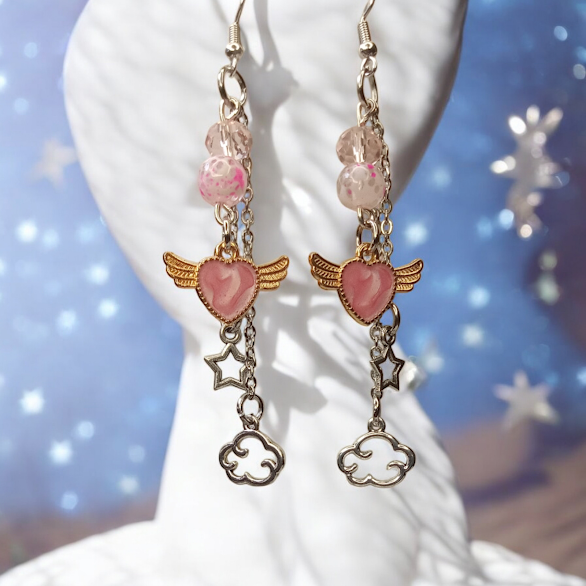 Celestial Flying Heart Dangle Earrings