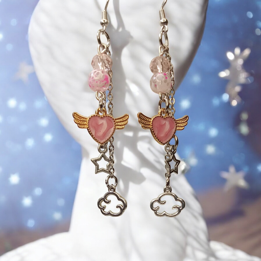 Celestial Flying Heart Dangle Earrings