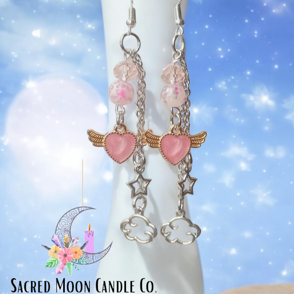 Celestial Flying Heart Dangle Earrings