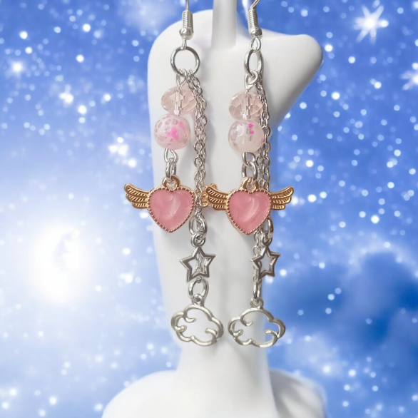 Celestial Flying Heart Dangle Earrings