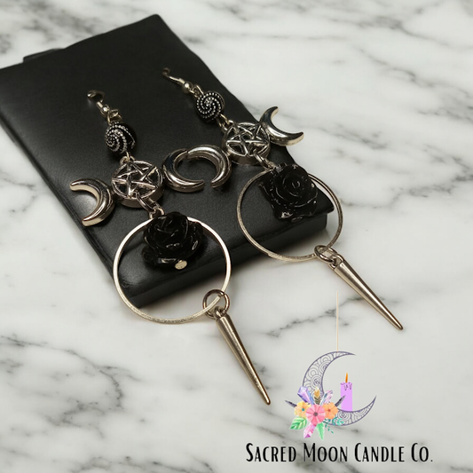 Triple Moon Goddess Rose and Spike Dangle Earrings