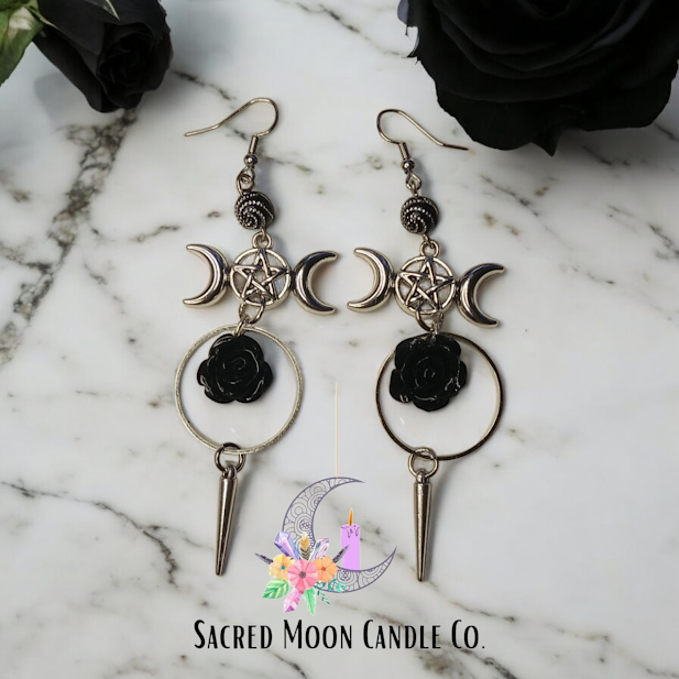 Triple Moon Goddess Rose and Spike Dangle Earrings