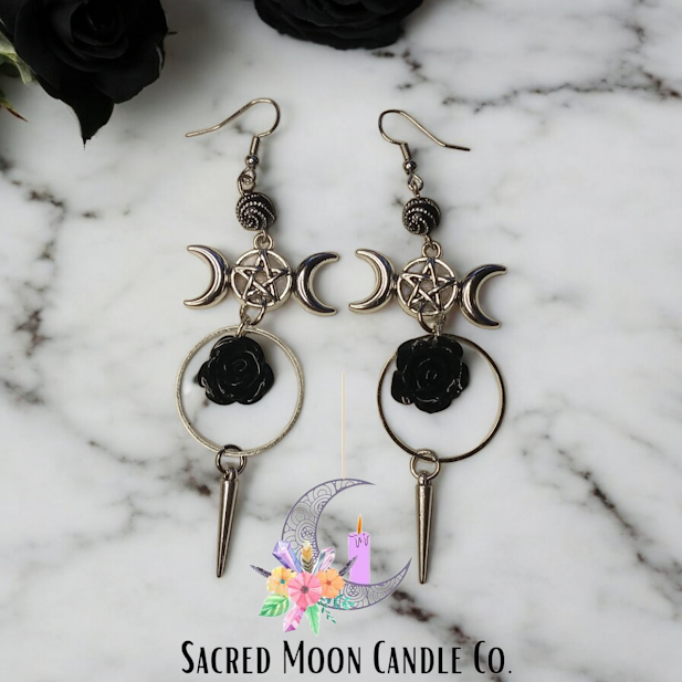 Triple Moon Goddess Rose and Spike Dangle Earrings