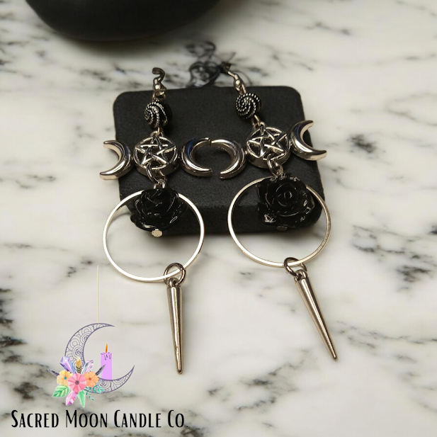 Triple Moon Goddess Rose and Spike Dangle Earrings