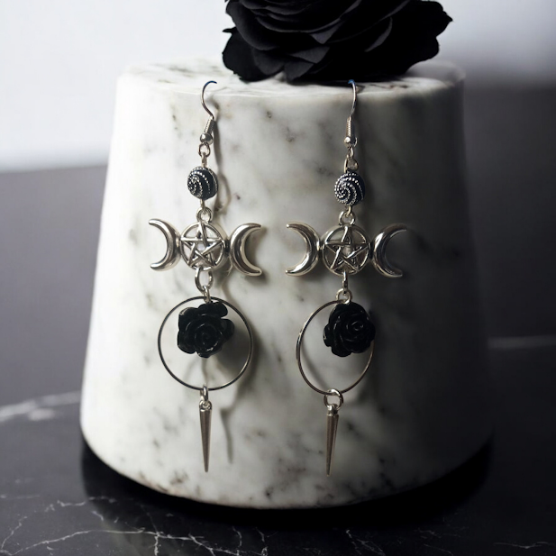 Triple Moon Goddess Rose and Spike Dangle Earrings