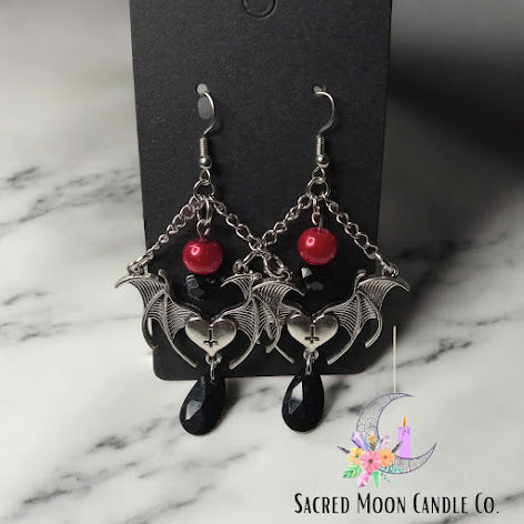 Red and BlackWinged Heart Earrings