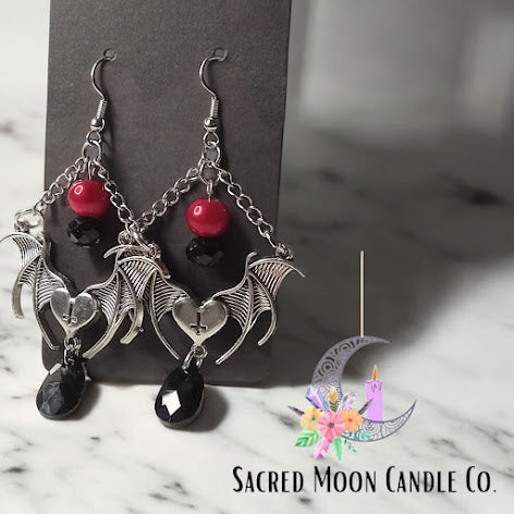 Red and BlackWinged Heart Earrings