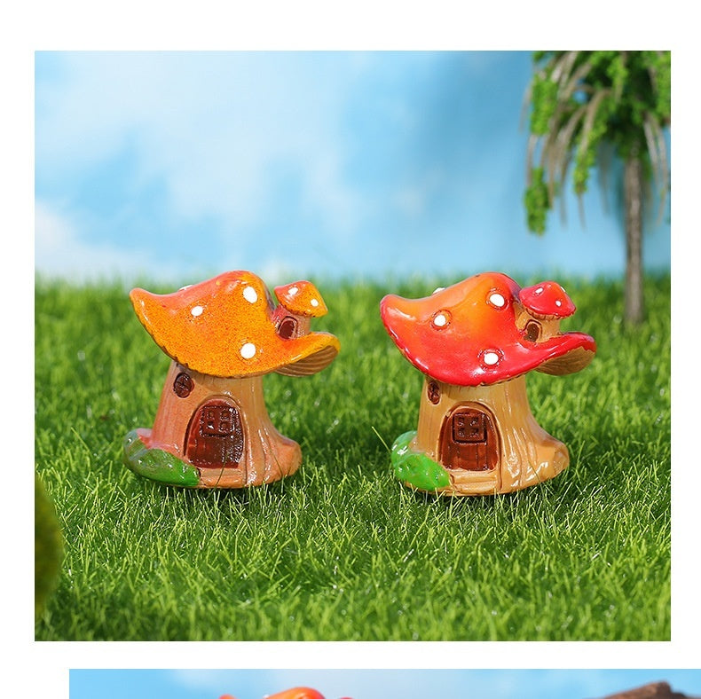 Cottage Core Red and Yellow Creative Mushroom House Resin Crafts Moss Micro Landscape Decorations