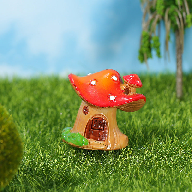 Cottage Core Red and Yellow Creative Mushroom House Resin Crafts Moss Micro Landscape Decorations